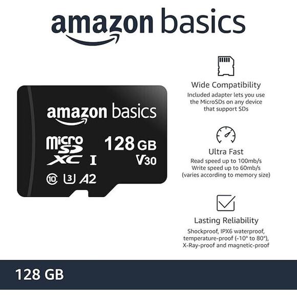 Amazon Basics MicroSDXC - A2, U3, 100 MB/s - 128GB Memory Card w/ Adapter - Picture 3 of 3